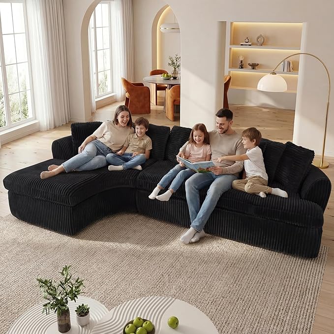 129'' Cloud Sectional Couches for Living Room Oversized L Shaped Couch Curved Boneless Sofa Corduroy Upholstered Corner Sofa Black