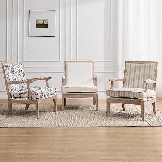Modern Farmhouse Accent Chairs Set of 2 Wide Upholstered Living Room Chairs with Armrest Pads Coastal French Country Wooden Armchairs for Bedroom Guest Room Beige Linen Fabric
