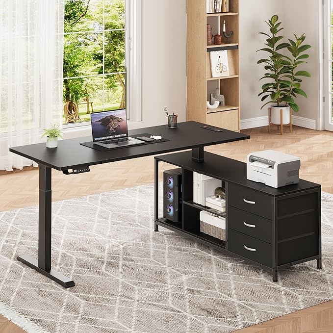 L Shaped Electric Standing Desk with Drawers &amp Shelves Height Adjustable Corner Computer Desk with Power Outlets 55 Inch Sit Stand Executive Desk with Storage for Home Office Black