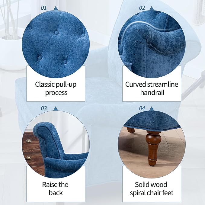 Retro Accent Armchair with Spring Cushions &amp Ergonomic Design - Chenille Upholstered Living Room Chair Removable Padding Solid Wood Legs for Bedroom Office - 300lbs Weight Capacity (Blue)