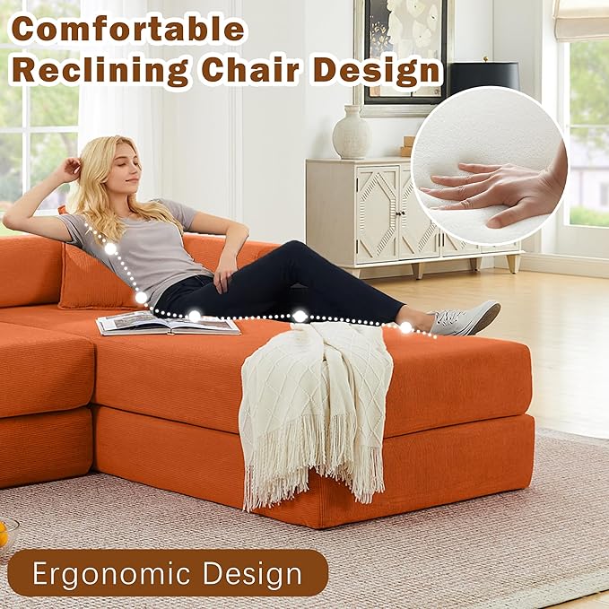 108 W Corduroy Modular Cloud Couch with Fixed-Shape Frame Oversized L-Shaped Sectional Sleeper Sofa Bed with Pull Out Bed No Assembly Modern Floor Boneless Couch for Living Room (Orange)
