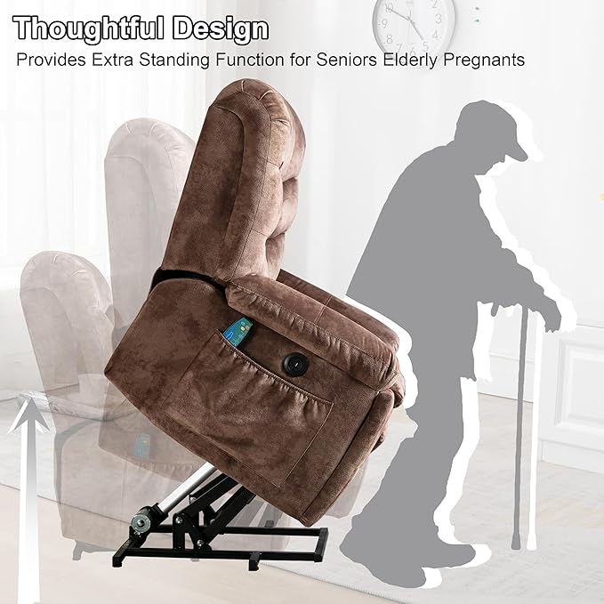 Bonzy Home Power Lift Recliner Chair for Elderly Electric Lift Chair with Massage &amp Heat Upholstered Single Sofa with 2 Hidden Cup Holders USB Charge Port Side Pockets for Living Room Dark Br