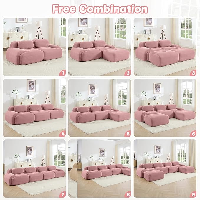 116 Modern Compressed Boneless Couch with Ottoman 3 Seater Large L Shaped Sectional Couches for Living Room Pink Corduroy Cloud Modular Sectional Sofa Memory Foam Extra Deep No Assembly