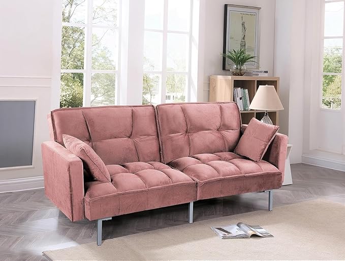 Regal 75.6 Velvet Convertible Sofa Bed - Mid-Century Sleeper Couch w/Tufted Design &amp Metal Legs - Pull-Out Futon for Guests/Home (75.6 W x 34.6 D x 32 H) Rose