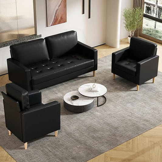 AILEEKISS Mid-Century Sectional Sofa Couch Set Faux Leather Office 3 Pcs Couch Set with Armrest Modern Upholstered Loveseat Couches for Livingroom (1-Seater+1-Seater+2-Seater Black)