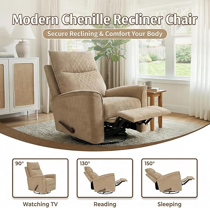 360° Swivel Manual Recliner Chair Rocker Recliner Chair for Adults Nursery Rocker Reclining Chair with Lumbar Support Small Recliners for Small Spaces Living Room Bedroom Chenille Brown