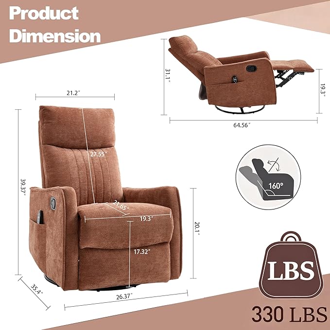 Casaphoria 360° Swivel Rocking Recliner Chair with Heat and Massage Upholstered Fabric Nursery Glider with Side Pocket for Living RoomBedroomHome Theater and RV Small Space(Orange)