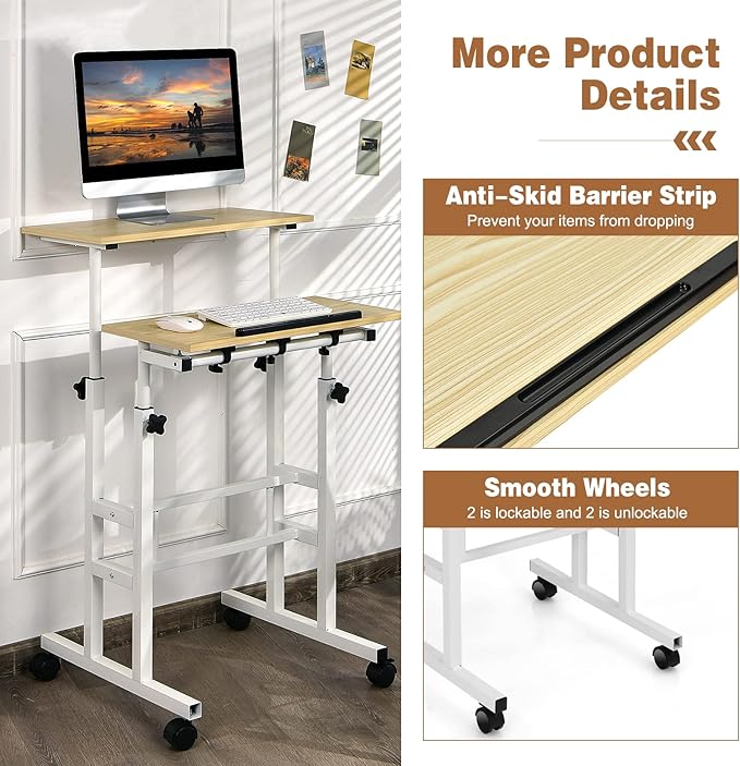 COSTWAY Mobile Standing Desk Height Adjustable Rolling Laptop Cart w/Tilting Desktop for Standing or Sitting Lockable Casters Home Office Computer Workstation for Small Spaces (Natural)