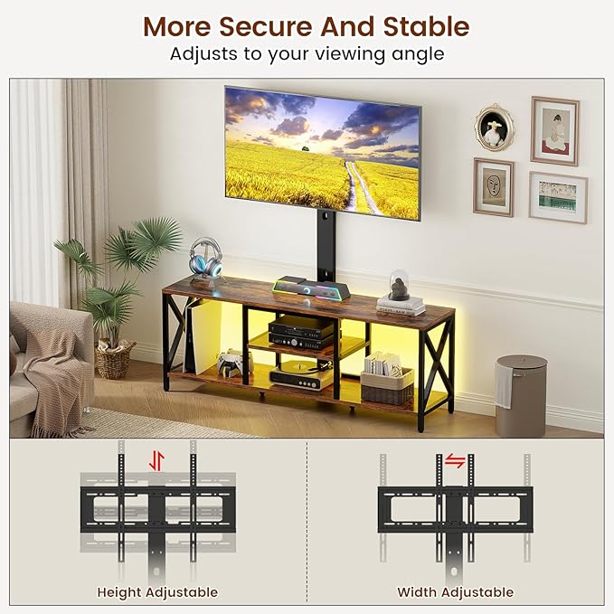 TV Stand with Mount and LED Lights Universal TV Stand Mount for 32-75 inch TV Entertainment Center with Storage Metal TV Console Table Height Adjustable TV Stands for Living Room Rustic Brown