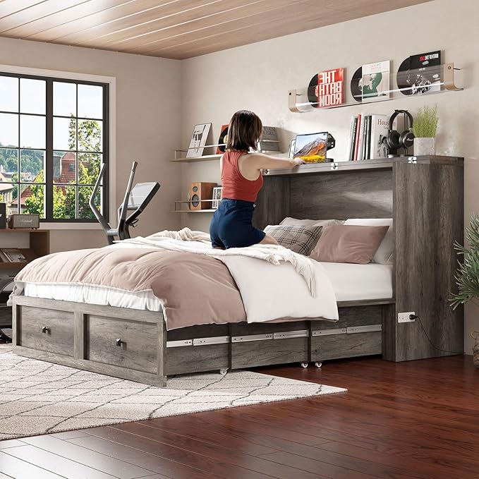 AMERLIFE Queen Murphy Bed with Storage &amp Charging Station Farmhouse Murphy Cabinet with Foldable Panel Noisy Free for Living Room Guest Bedroom Office Rustic Grey