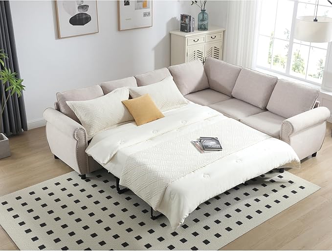 104 2-in-1 Queen Convertible Sleeper Sofa Bed Pull Out Couch Bed6 Seater Sofa Bedwith 3.35 Memory Foam MattressL Shaped Sleeper Sectional Sofa Couch with Rivet HandrailLiving Room