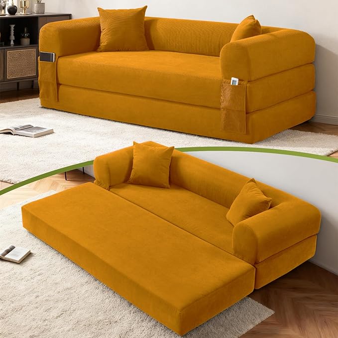 80 Convertible Sofa BedCorduroy Folding Sleeper Sofa Bed Queen with Pillows &amp StorageModular Pull Out Couches Boneless Couch for Living RoomCompressed Couch in a BoxYellow