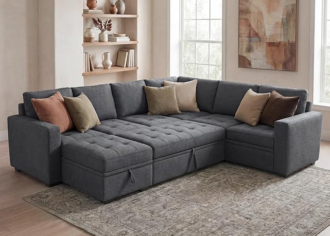 HONBAY Modular Sectional Couch with Pull Out Bed Sleeper Sofa with Storage U Shaped Modular Sectional Couches for Living RoomWarm Bluish Grey