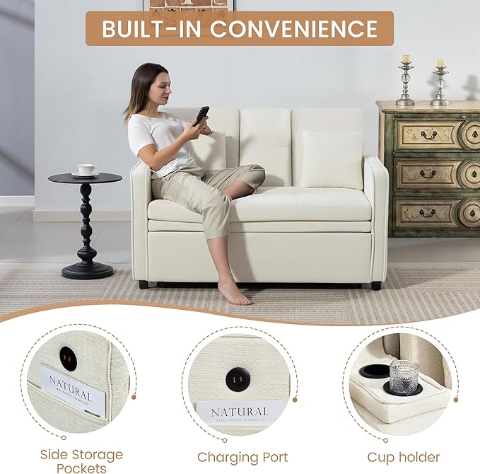 Convertible Sofa Bed 3-in-1 Sleeper Sofa with Pull-Out Bed Chenille Couch Folding Loveseat USB Ports &amp Adjustable Backrest Modern Loveseat for Living Room Apartment Beige