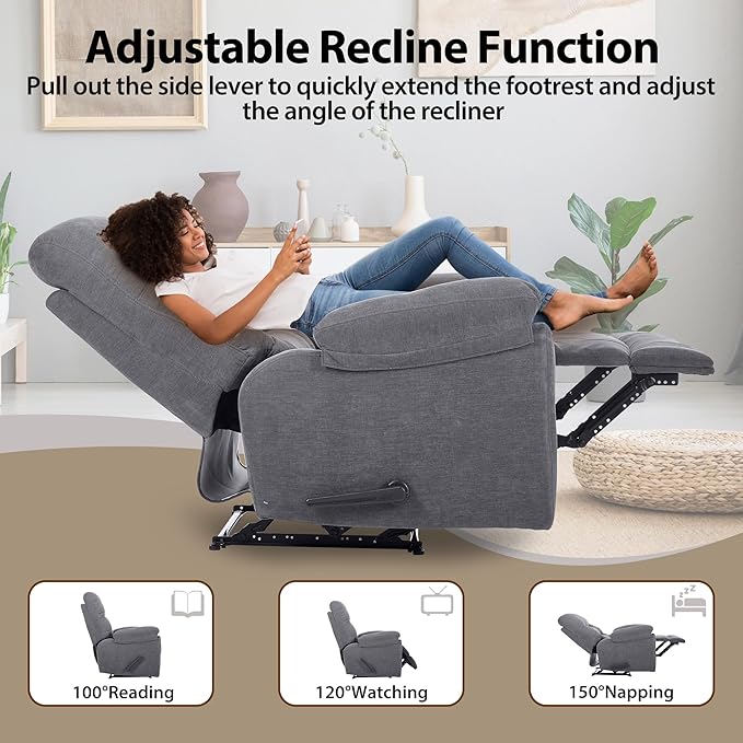 Manual Oversized Recliner Overstuffed Chairs Large Recliner High Weight Capacity Big and Tall Man Recliner for Heavy Duty 400lbs Adults for Living Room Bedroom Nursery RV Grey