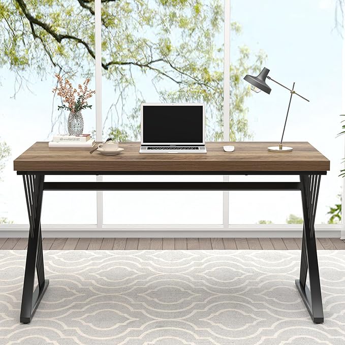 FOLUBAN Computer Desk Modern Home Office Desk Wood and Metal Study Writing Gaming Table for Bedroom Living Room Rustic Oak 53 Inch