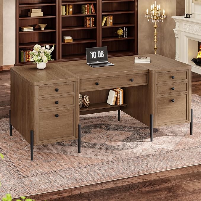 63 Executive Desk with 5 Drawers Farmhouse Home Office Desks with 2 Storage Cabinet and Keyboard Tray Large Boss Desk with Privacy Panel Modern Table with Open Shelf and File Drawer