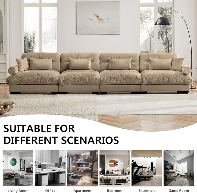 Aoowow Oversized 4 Seater Cloud Sofa Couch for Living RoomFluffy Velvet 4 Seat Cloud Couches with Deep SeatLarge Modular Sectional Sleeper Sofas with PillowsTufted(Velvet Camel 4 Seater)