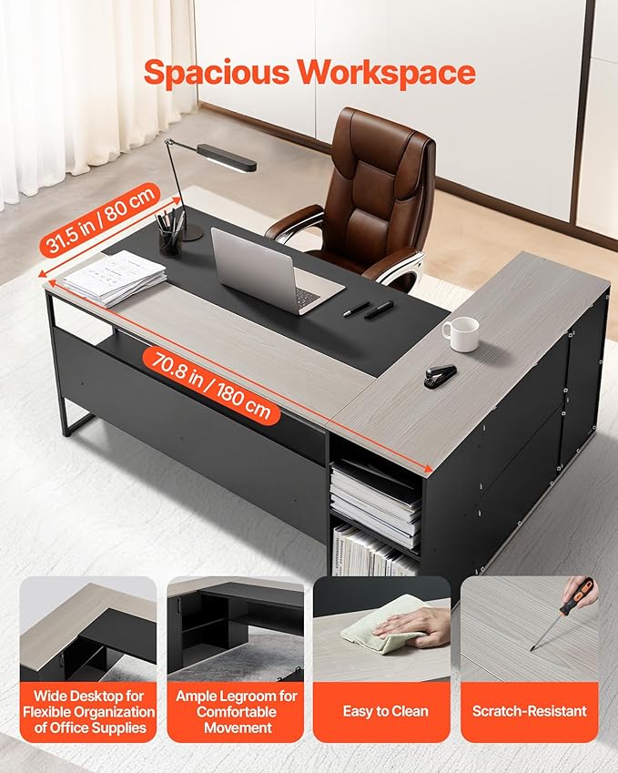VEVOR 71 L-Shaped Executive Desk Large Computer Desk with Drawers File Storage Cabinet CPU Stand 350 LBS Load Capacity Corner Table Easy Assembly for Work Study