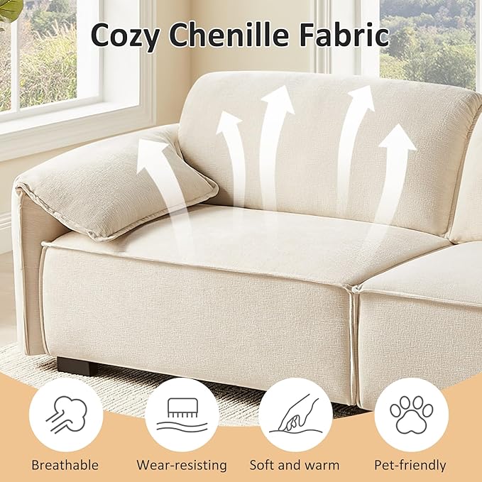 VANOMi 94.5 Sofa Couch for Living Room Modern Comfy 3-Seater Sofas Chenille Small Couches for Small Spaces Upholstered Deep Seat Couch for Bedroom Apartment (Beige)