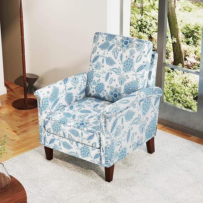 GOFLAME Floral Accent Chairs Set of 2 Comfy Upholstered Armchairs with Rubber Wood Legs and Thick Padded Cushion High Back Single Sofa Chairs Reading Side Chairs for Living Room Bedroom Blue