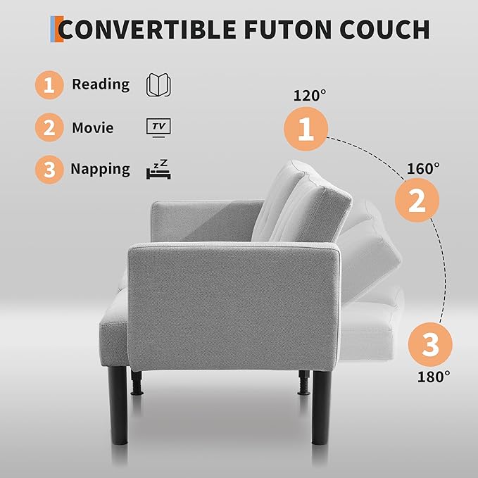 Convertible Futon Sofa Bed 75.5” Linen Flannel Loveseat Couch Bed With Solid Wood Legs &amp 700lbs Capacity Modern Adjustable Folding Recliner Sleeper Sofa for Living Room Apartment Office - Gray