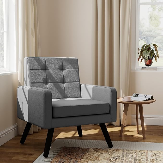 Kromax Mid-Century Modern Accent Chair for Living Room 496 Lb. Weight Capacity Dual Armrests Comfy Extra Large Seat Timeless Style Perfect for Reading &amp Relaxing Light Grey
