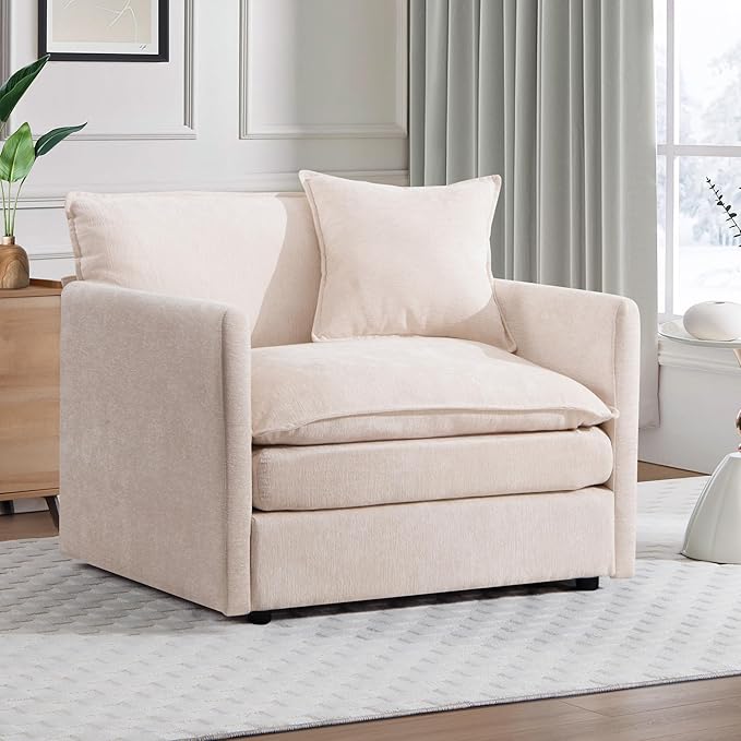 SLEERWAY Single Upholstered Oversized Chair Modern Comfy Living Room Chair Chenille Large Cloud Couch Accent Chair Lounge Chair Indoor and A Half for Bedroom Office Apartment Beige