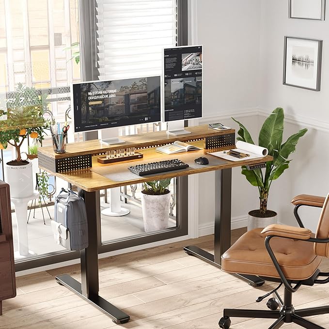 Claiks Electric Standing Desk with Shelf 55 Inch Height Adjustable Standing Desk with LED Lights &amp Monitor Stand Black Frame/Rustic Brown Top