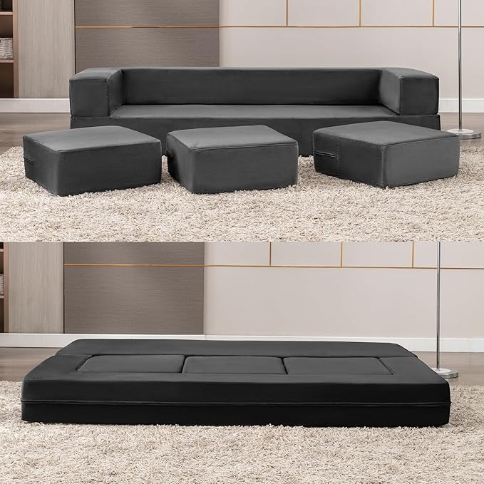 PUREMIND 10 Inch Folding Sofa Bed Velvet Convertible Floor Sleeper Sofa with 3 Ottomans Upholstered 2-in-1 Fold Out Couch Bed Queen Size Guest Bed Foldable Mattress for Living Room Office