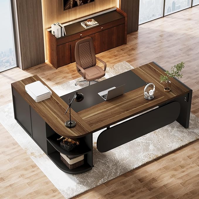 Tribesigns 80'' L-Shaped Desk Set of 2 Large Executive Office Desk with 55'' Drawers Cabinet Modern Computer Table with Storage Shelves Business Furniture for Office Brown