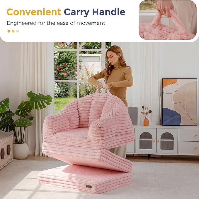 MAXYOYO Folding Sofa Bed 2 in 1 Convertible Sofa to Lounger Comfy Faux Fur Bean Bag Chair for Adults Floor Single Sleeper Couch Chair with Handle Couch Bed for Living Room Bedroom Pink