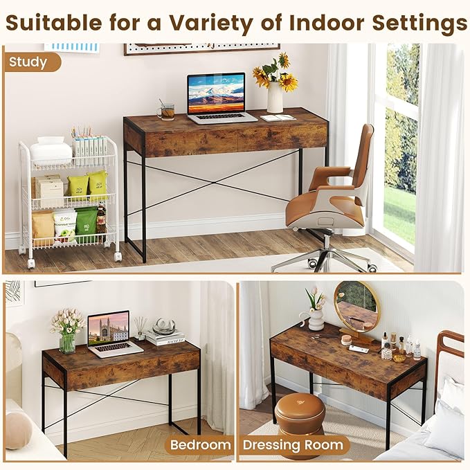 GOFLAME Modern 2-Drawer Computer Desk Home Office Desk w/Reinforced Heavy-Duty Metal Frame Versatile Study Writing Desk w/Anti-Tip Kit Ideal for Study Office Small Spaces (Rustic Brown)