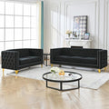 2 Piece Chesterfield Sofa Comfy Velvet Tufted Mid Century Modern Couch Set Cloud Futon Loveseat Gold Legs &amp Nailhead Deep Seat Sofas for Living Room Office (Black Couch and Loveseat Set of 2)