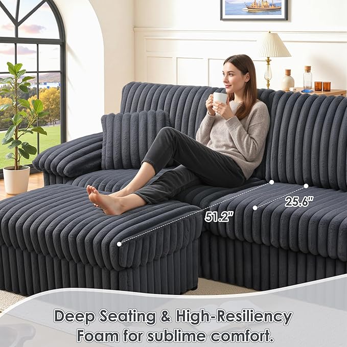 HIFIT 92 Sectional Loveseat Sofa Modern Cloud Couch L Shaped Modular Sectional Sofa with Deep Seat Storage Ottoman USB Port Corduroy Home Sofas Living Room Set Love Seat for Bedroom Office Grey