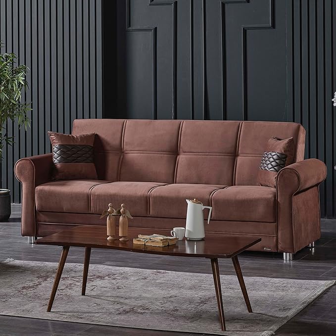 Sweet Home Stores 87 Convertible Sofa Bed with Storage Firm Fabric 3 Seater Upholstered Sleeper Sofa Couch Futon for Living Room Brown