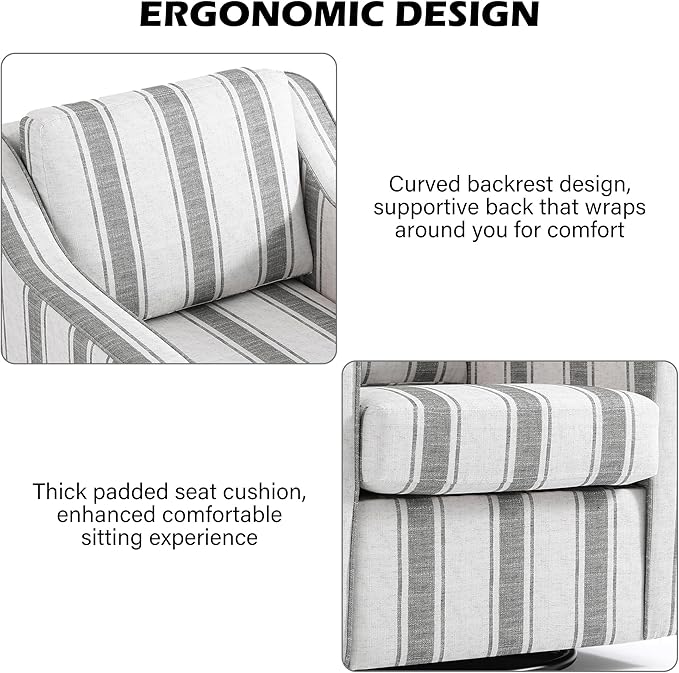 Swivel Accent Chair Modern Round Barrel Arm Chair for Living Room Bedroom Comfy Club Reading Chairs for Adults (Stripe Grey Set of 2)