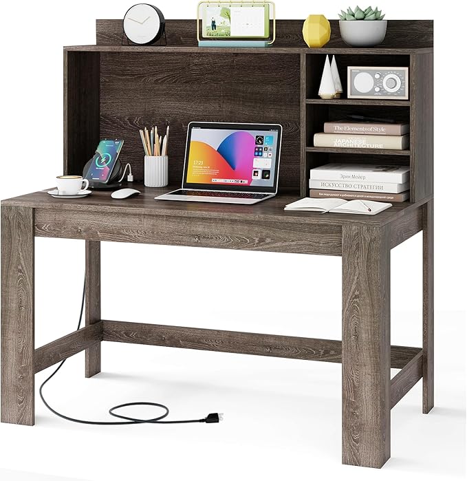 Tangkula Computer Desk with Hutch &amp Charging Station Home Office Writing Study Desk with Storage Shelves Cable Management Hole Laptop Desk Desk for Bedroom Computer Workstation (Gray Oak)
