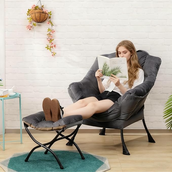 HollyHOME Lazy Chair with Foldable Ottoman Accent Comfy Lounge Armchair and Folding Footrest Stool Leisure Sofa Reading Chair and Footstool for Living Room Bedroom DormVelvet Smoky Grey