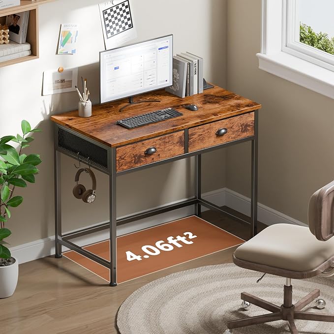 Furologee Small Computer Desk with 2 Fabric Drawers for Bedroom34 Inch Home Office Writing Desk Vanity Desk with Hooks Simple Study Desk for Small Spaces Makeup Dressing Table Rustic Brown