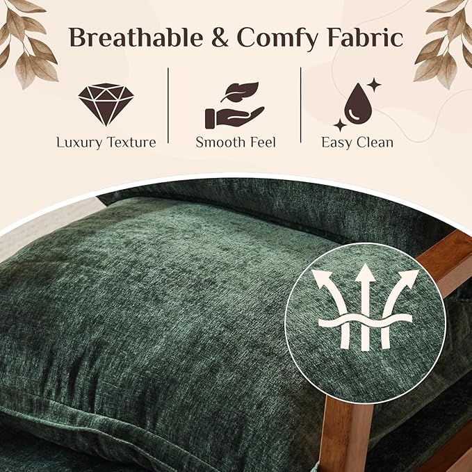 Karl home Midcentury Accent Chair for Living Room Chenille Upholstered Lounge Armchair with Lumbar Pillow Ruffle-Designed Cozy Reading Chair with Wood Legs Dark Green