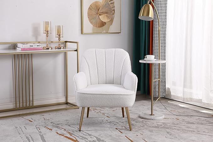 Modern Soft White Teddy Fabric Ivory Ergonomics Accent Chair Living Room Chair Bedroom Chair Home Chair with Gold Legs and Adjustable Legs for Indoor Home