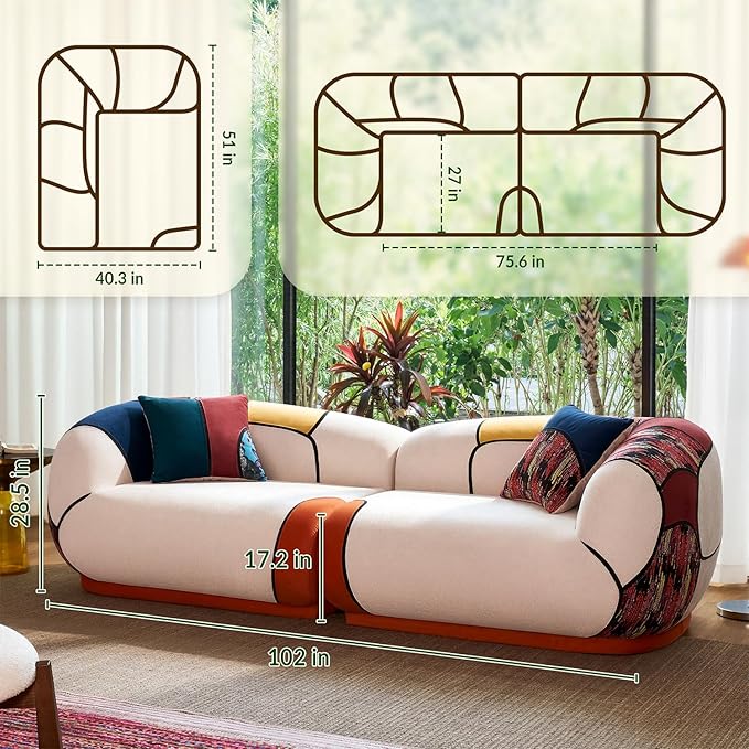 YINIX 102 Oversized Modern Curved Sofa 4-Seat Chenille Couch for Living Room Apartment Minimalist Boneless Sectional Floor Lounge Couches with Bohemian Style Pillows No Assembly