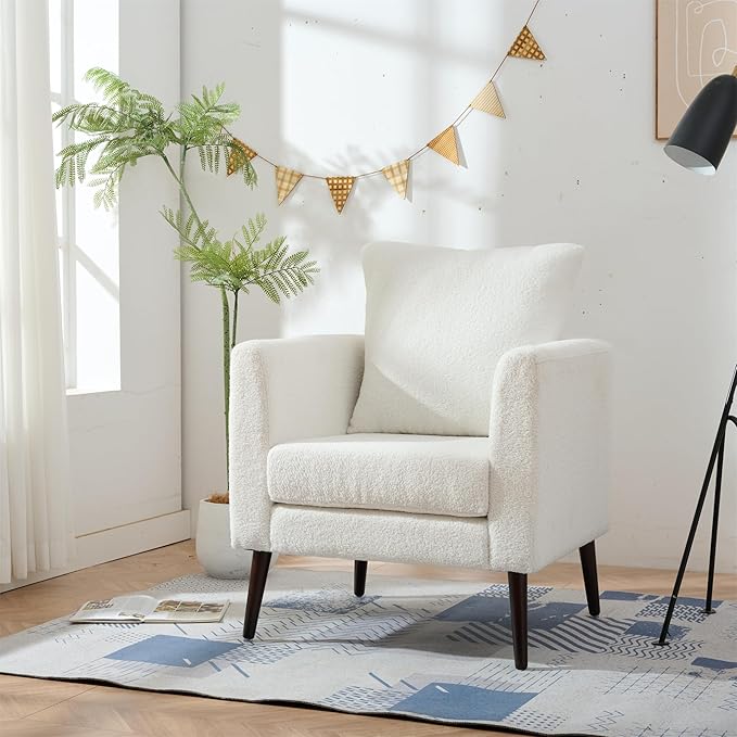 Modern Accent Chair for Living Room Chairs Comfortable Lumbar Support Armchair Removable Cushion Covers Single Sofa Chair with Solid Wood Legs Bedroom Reading Chair White