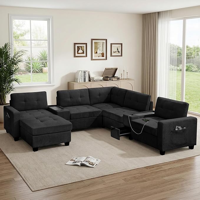 103'' Modular Sectional Sofa couch with 2 Acrylic Consoles Oversized U Shaped Couch Set with USB Charger Storage DrawersPockets and Movable Ottoman Chenille Sectional Couches for Living RoomBlack