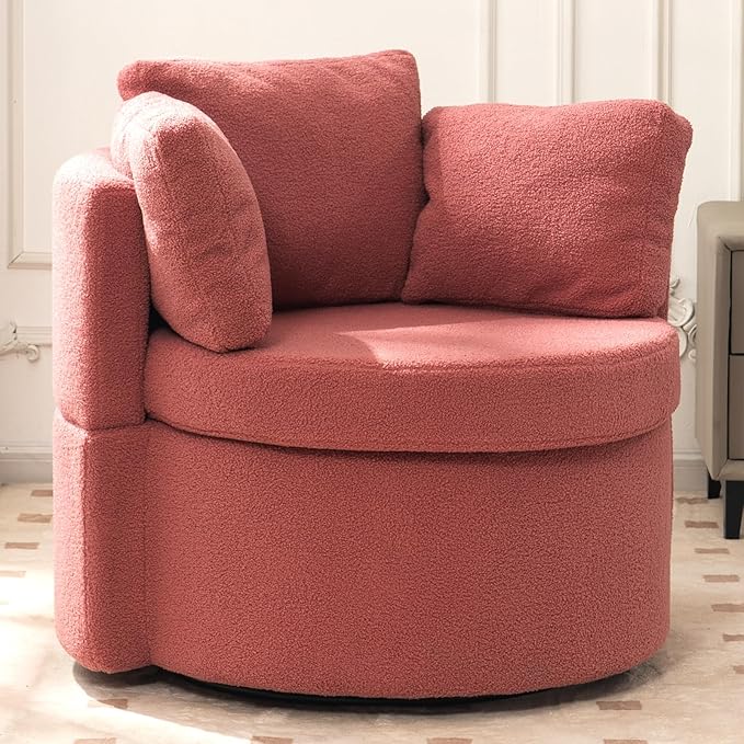 FOXHUNTER Swivel Barrel Chair 360 Degree Swivel Round Storage Chair with 3 Pillows Oversize Teddy Swivel Accent Chair Comfy Single Sofa Chair for Nursery Living Room Bedroom (Pink)