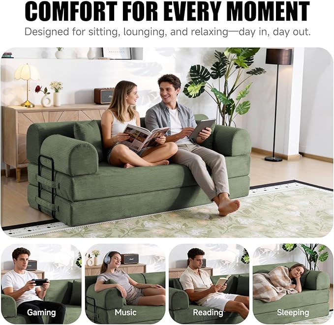 78.8 Boneless Memory Foam Couch Corduroy Convertible Floor Sofa Bed Fold-Out Sleeper Futon Loveseat Wide Armrests &amp Supportive Back 1200 lb Couch in a Box 2 Pillows Light Green