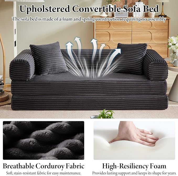 Folding Convertible Sleeper Sofa Bed Corduroy Upholstered Boneless Couch with Pillows Modular Floor Sofa Compression Couch for Living Room No Assembly Required (Dark Gray)