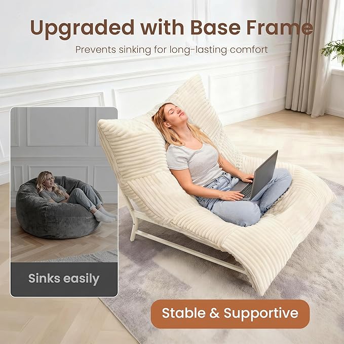 Modern Accent Chair Giant Bean Bag Lounge Chairs with Sturdy Metal Frame &amp Washable Cover Comfy Upholstered Chair for Reading Room Bedroom Cream