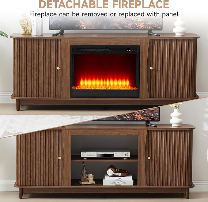 Fireplace TV Stand Fluted TV Stand with Storage and Sliding Door Farmhouse Entertainment Center Media Console Table for Living Room (Walnut)